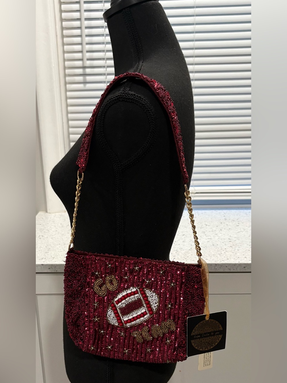 NWT From India to You Viral Beaded Burgundy Shoulder Bag- Football Motif GO TEAM